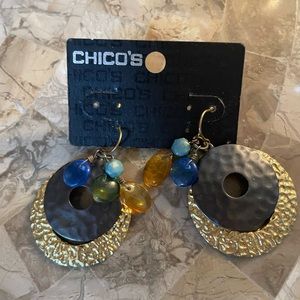 Chico’s Hammered Gold and Bronze Earrings with Multi Color Stones